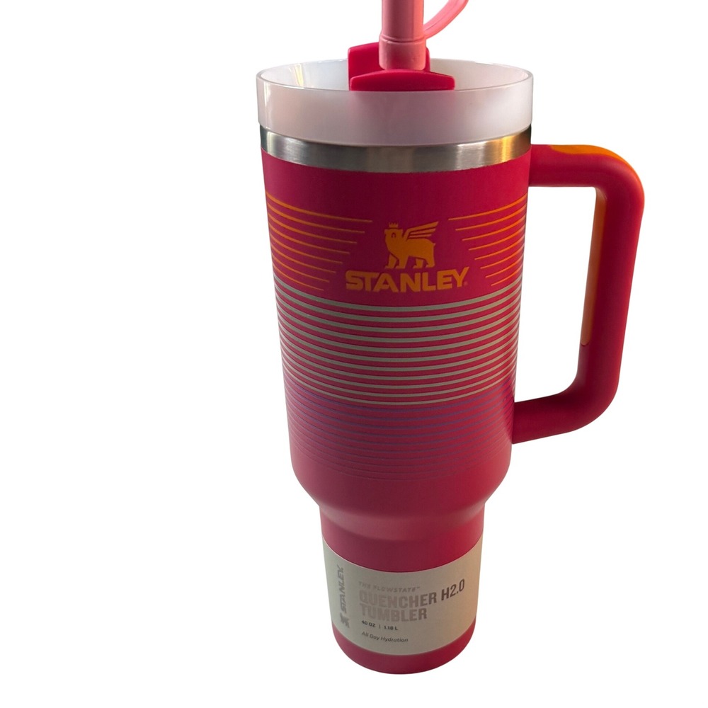 Stanley Quencher H2.0 Tumbler 40oz Pink Sunset Retro Stripe New Insulated Cup